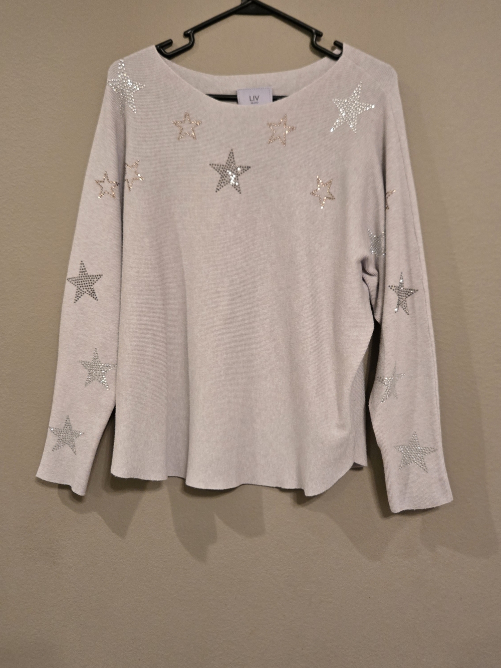 Liv Milano Oatmeal Star Rhinestone Long Sleeve Top